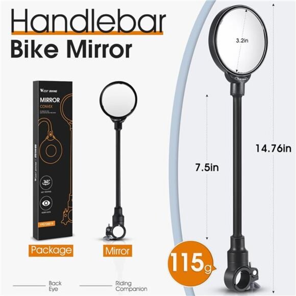 Bike Mirror Handlebar Mount, Adjustable Rotatable Bicycle Rear View Mirror, Wide - Picture 6 of 7